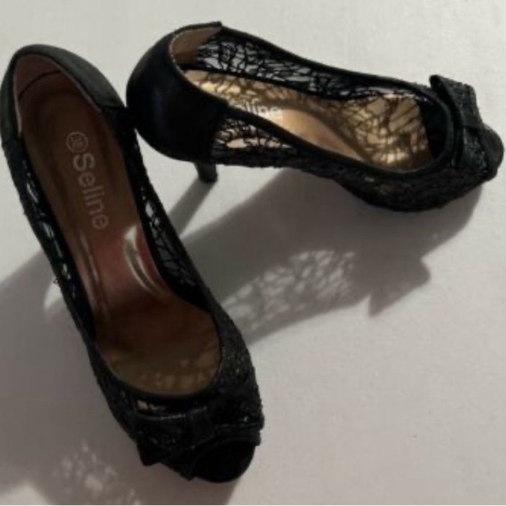 SELINE BLACK HIGH HEELS SHOES WOMENS SIZE 38 Open Toe 

Used